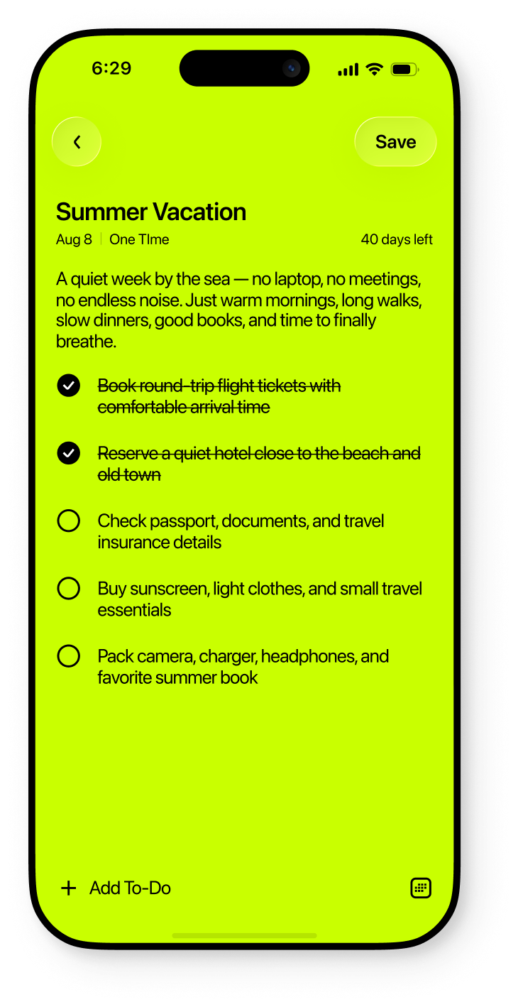 Countline app showing Summer Vacation event details with checklist