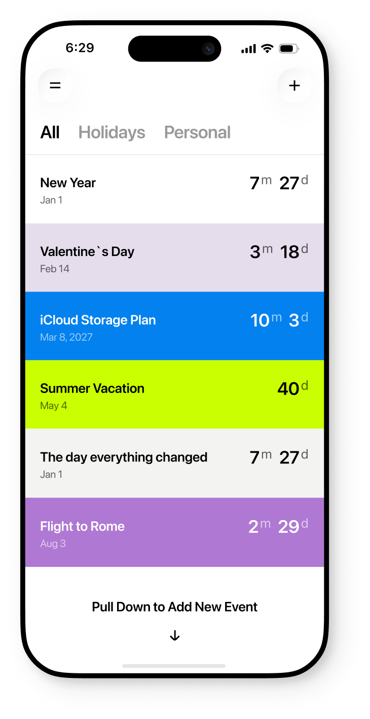 Countline app showing event countdown list